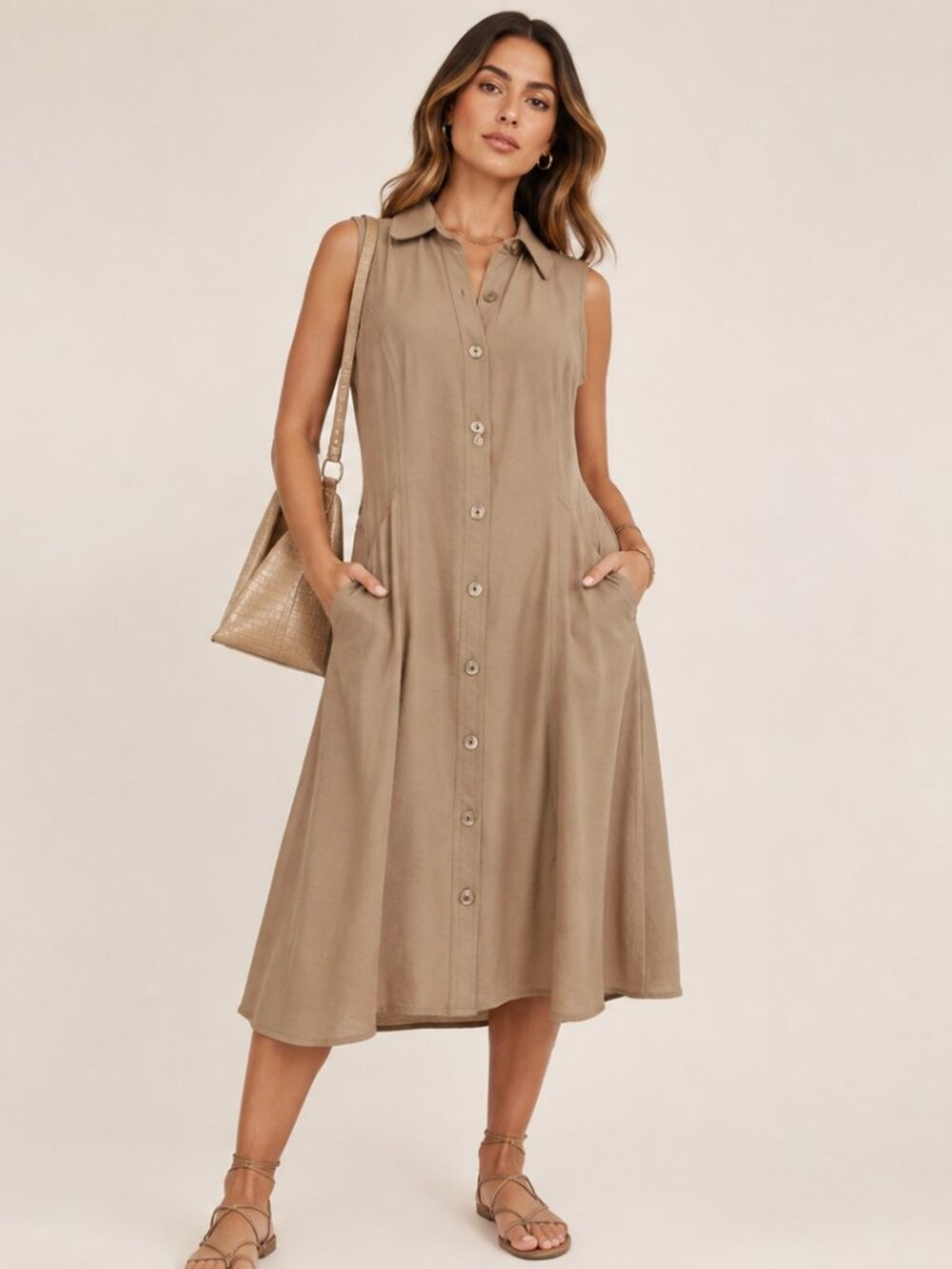 Nina Leonard Sleeveless Button-Front Midi Dress in Tan